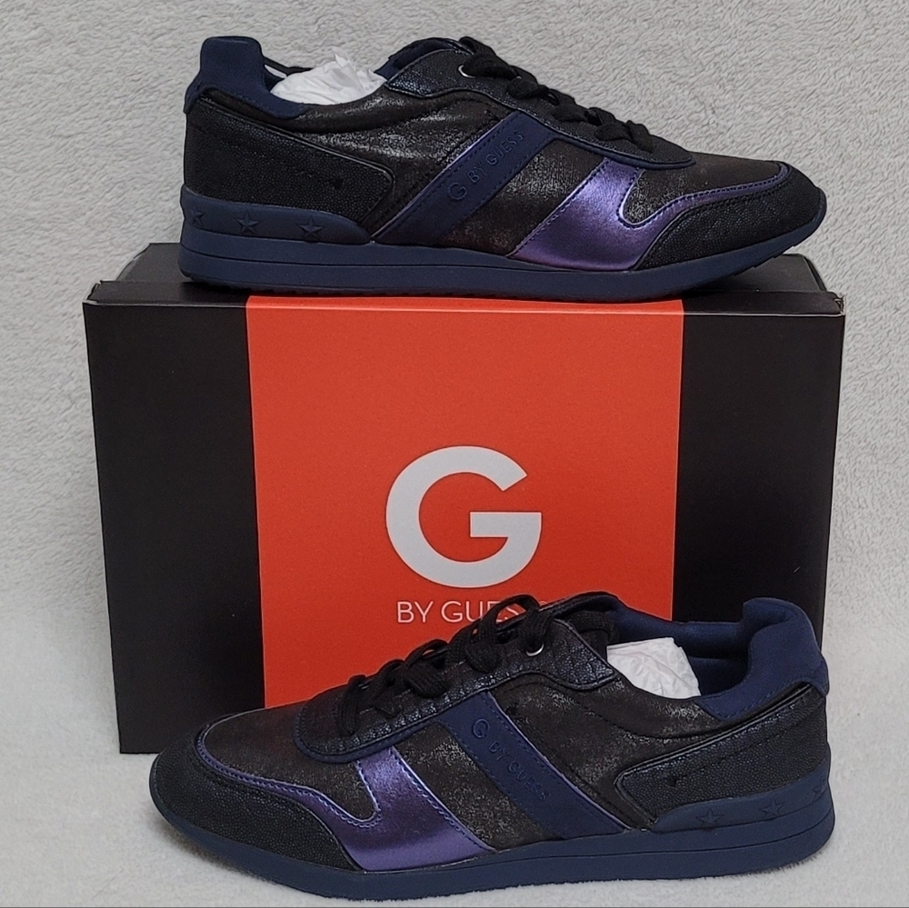Rare G by Guess Fax 2 Black Multi Metallic Black Purple Leather Sneakers 10 NIB